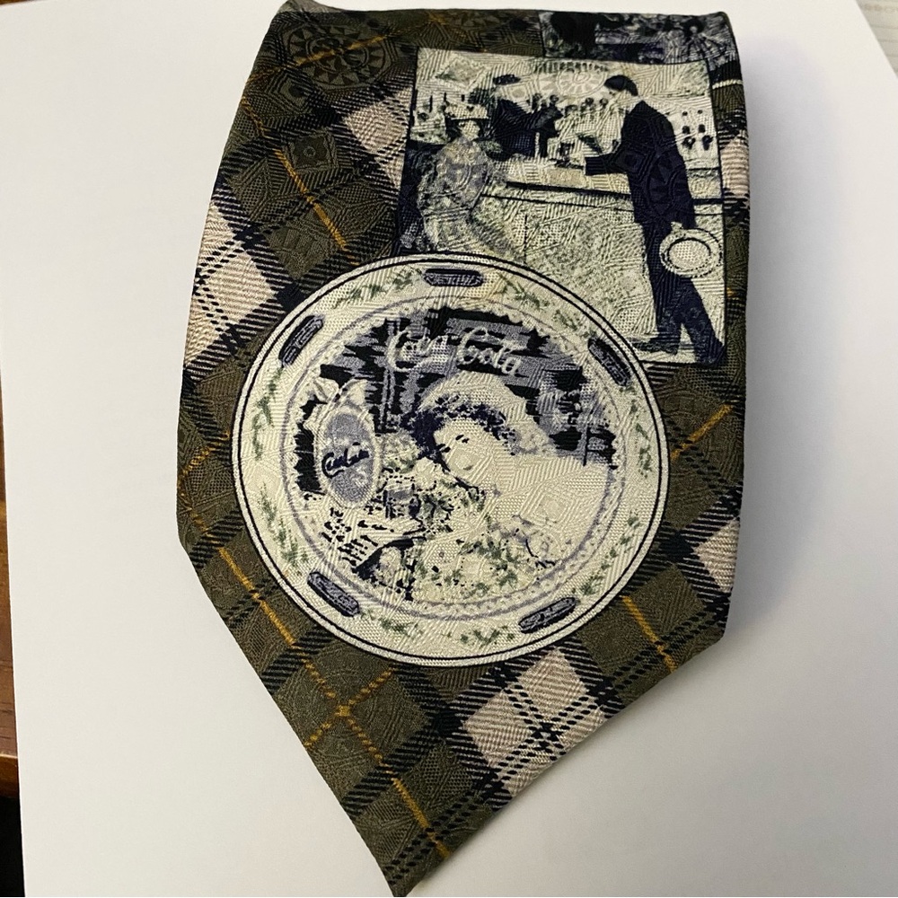 Vintage Coca-Cola Tie Retro Advertising Prints Green Plaid 100% Silk Hand Sewn